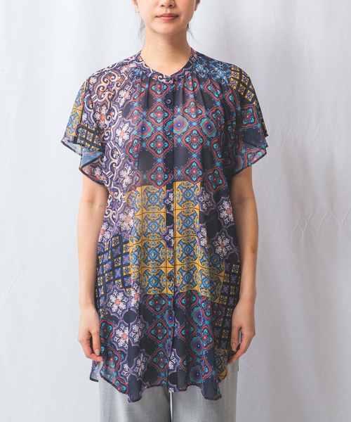 ブラウス シャツ 「NARACAMICIE」タイル柄シフォンテントライン半袖ブラウス レディース NARACAMICIE】タイル柄シフォンテントライン半袖ブラウス