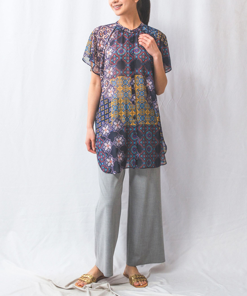 ブラウス シャツ 「NARACAMICIE」タイル柄シフォンテントライン半袖ブラウス レディース NARACAMICIE】タイル柄シフォンテントライン半袖ブラウス