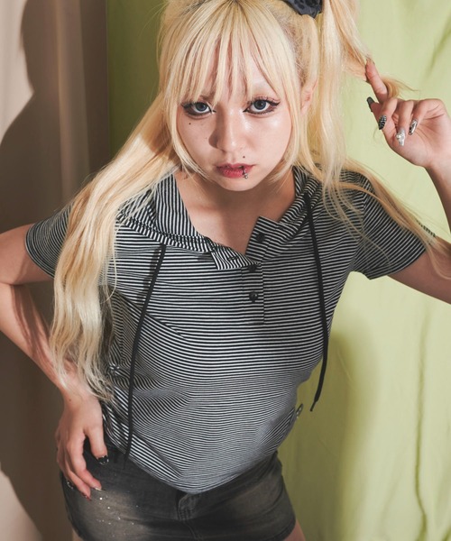 dispark（ディスパーク）の「DISPARK/ヘンリーネックボーダーフードパーカー（パーカー・レディース・グレー/ブラック・FREE）」の2枚目の写真