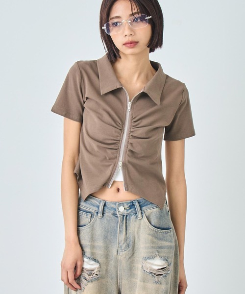 セール】ギャザー ZIP 半袖 トップス（Tシャツ/カットソー）｜ANAP