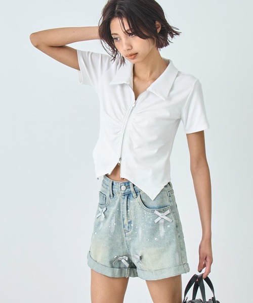 ANAP(アナップ)の「ギャザー ZIP 半袖 トップス(Tシャツ/カットソー・レディース・ブラウン/ホワイト/ブラック・FREE)」の10枚目の写真