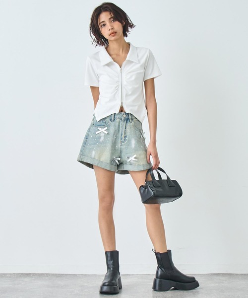 ANAP(アナップ)の「ギャザー ZIP 半袖 トップス(Tシャツ/カットソー・レディース・ブラウン/ホワイト/ブラック・FREE)」の9枚目の写真