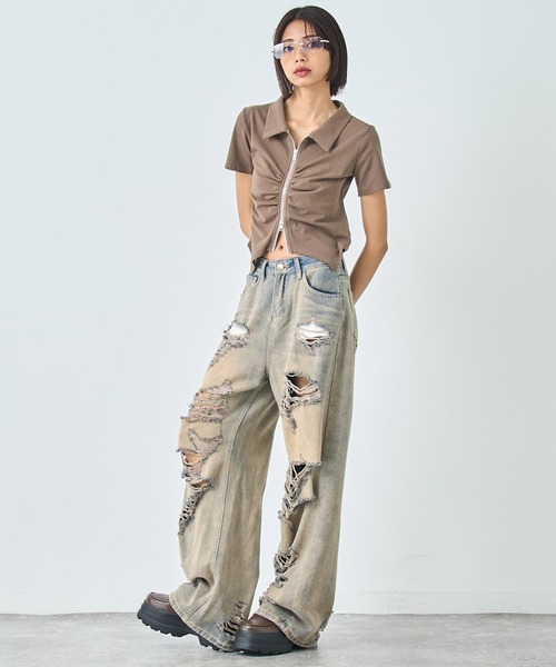 ANAP(アナップ)の「ギャザー ZIP 半袖 トップス(Tシャツ/カットソー・レディース・ブラウン/ホワイト/ブラック・FREE)」の12枚目の写真
