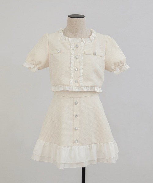 PriCHOU（プリシュ）の「Frill Tweed Tops/フリルツイードトップス（カーディガン/ボレロ・レディース・イエロー/ブラック/ホワイト・1/0）」の19枚目の写真