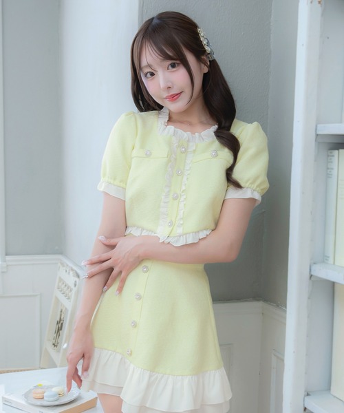 PriCHOU（プリシュ）の「Frill Tweed Tops/フリルツイードトップス（カーディガン/ボレロ・レディース・イエロー/ブラック/ホワイト・1/0）」の13枚目の写真
