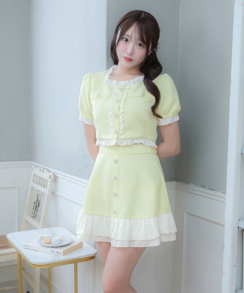 PriCHOU（プリシュ）の「Frill Tweed Tops/フリルツイードトップス（カーディガン/ボレロ・レディース・イエロー/ブラック/ホワイト・1/0）」の14枚目の写真
