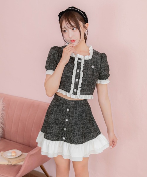 PriCHOU（プリシュ）の「Frill Tweed Tops/フリルツイードトップス（カーディガン/ボレロ・レディース・イエロー/ブラック/ホワイト・1/0）」の9枚目の写真