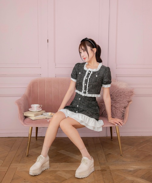 PriCHOU（プリシュ）の「Frill Tweed Tops/フリルツイードトップス（カーディガン/ボレロ・レディース・イエロー/ブラック/ホワイト・1/0）」の10枚目の写真