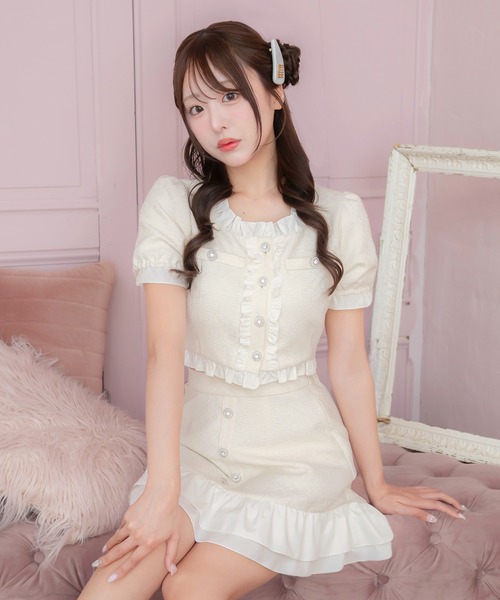 PriCHOU（プリシュ）の「Frill Tweed Tops/フリルツイードトップス（カーディガン/ボレロ・レディース・イエロー/ブラック/ホワイト・1/0）」の4枚目の写真