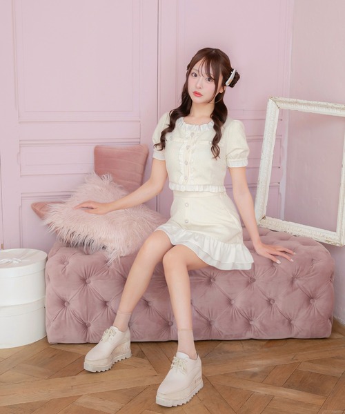 PriCHOU（プリシュ）の「Frill Tweed Tops/フリルツイードトップス（カーディガン/ボレロ・レディース・イエロー/ブラック/ホワイト・1/0）」の5枚目の写真