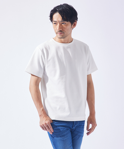 ABAHOUSE GRAY(アバハウスグレイ)の「ジオメトリック柄 クルーネック 半袖 Tシャツ(Tシャツ/カットソー・メンズ・グレイッシュベージュ/サックスブルー/ブラック/ホワイト/ネイビー・48/46)」の2枚目の写真