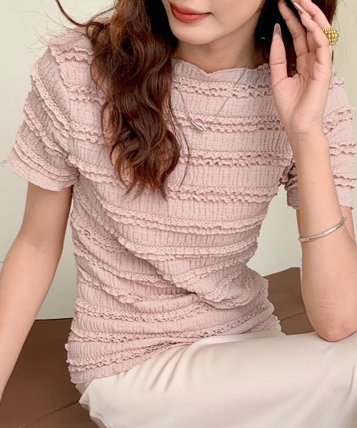 ReRe(リリ)の「シャーリングボーダー半袖トップス(Tシャツ/カットソー・レディース・ピンク/ホワイト/ブラック・FREE)」の6枚目の写真