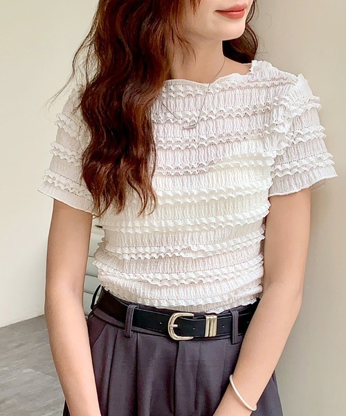 ReRe(リリ)の「シャーリングボーダー半袖トップス(Tシャツ/カットソー・レディース・ピンク/ホワイト/ブラック・FREE)」の11枚目の写真