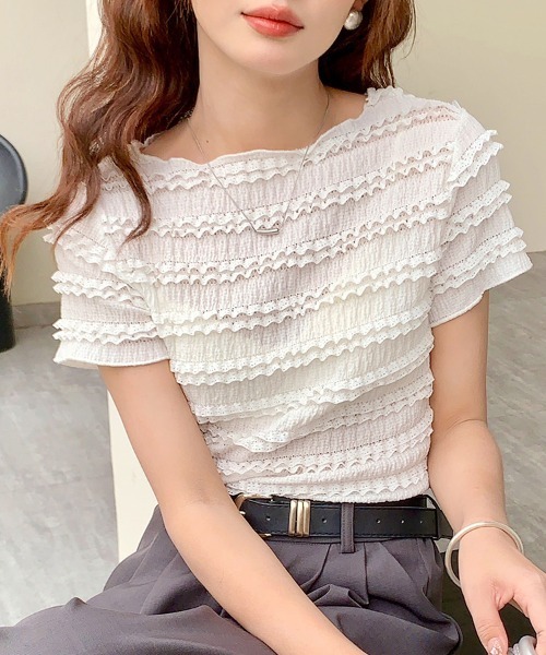 ReRe(リリ)の「シャーリングボーダー半袖トップス(Tシャツ/カットソー・レディース・ピンク/ホワイト/ブラック・FREE)」の12枚目の写真