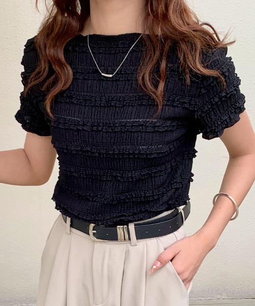 ReRe(リリ)の「シャーリングボーダー半袖トップス(Tシャツ/カットソー・レディース・ピンク/ホワイト/ブラック・FREE)」の14枚目の写真
