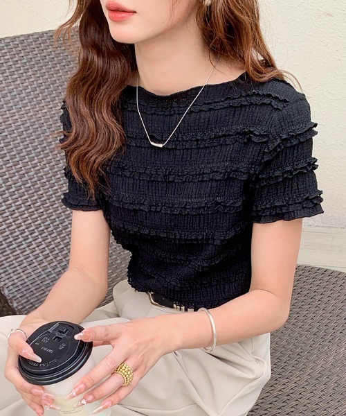 ReRe(リリ)の「シャーリングボーダー半袖トップス(Tシャツ/カットソー・レディース・ピンク/ホワイト/ブラック・FREE)」の16枚目の写真