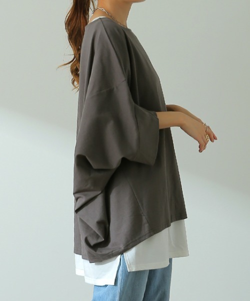 HUG.U(ハグユー)の「ドルマンキモノスリーブTシャツ(Tシャツ/カットソー・レディース・ブラック/ホワイト/ブルーパープル/ダークグレー/ミント/エンジ/モカ/オートミール・FREE)」の3枚目の写真