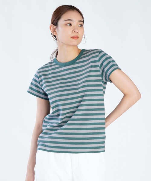 agnes b.（アニエスベー）の「細ボーダー コットン 半袖Tシャツ "Brando"（Tシャツ/カットソー・レディース・ストライプ・2/1/3）」の2枚目の写真