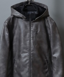 Faux Leather Hooded Jacket with Boa Lining/フェイクレザー 2WAY フーデッド裏ボアジャケット/パーカー/フード脱着可/アウター メンズ レディース