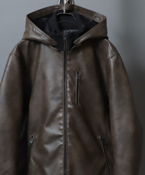 ANPAS(アンパス)の「Faux Leather Hooded Jacket with Boa Lining/フェイクレザー 2WAY フーデッド裏ボアジャケット/パーカー/フード脱着可/アウター メンズ レディース(ブルゾン・メンズ・ブラック/ブラック系その他/ブラウン系その他・LL/M/L)」の3枚目の写真