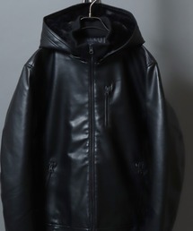 ANPAS（アンパス）の「Faux Leather Hooded Jacket with Boa Lining/フェイクレザー 2WAY フーデッド裏ボアジャケット/パーカー/フード脱着可/アウター メンズ レディース（ブルゾン）」