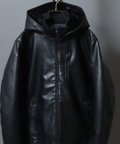 セール】Faux Leather Hooded Jacket with Boa Lining/フェイクレザー