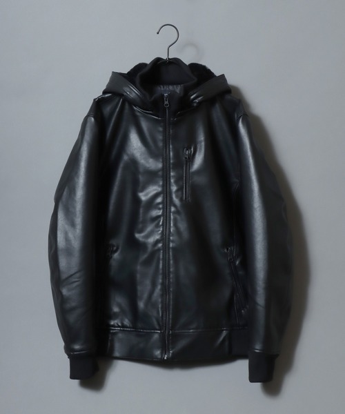 ANPAS(アンパス)の「Faux Leather Hooded Jacket with Boa Lining/フェイクレザー 2WAY フーデッド裏ボアジャケット/パーカー/フード脱着可/アウター メンズ レディース(ブルゾン・メンズ・ブラック/ブラック系その他/ブラウン系その他・LL/M/L)」の14枚目の写真