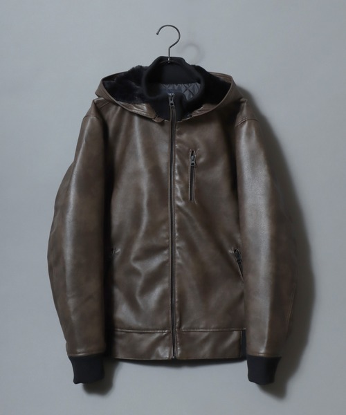 ANPAS(アンパス)の「Faux Leather Hooded Jacket with Boa Lining/フェイクレザー 2WAY フーデッド裏ボアジャケット/パーカー/フード脱着可/アウター メンズ レディース(ブルゾン・メンズ・ブラック/ブラック系その他/ブラウン系その他・LL/M/L)」の12枚目の写真