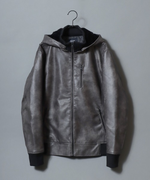 ANPAS(アンパス)の「Faux Leather Hooded Jacket with Boa Lining/フェイクレザー 2WAY フーデッド裏ボアジャケット/パーカー/フード脱着可/アウター メンズ レディース(ブルゾン・メンズ・ブラック/ブラック系その他/ブラウン系その他・LL/M/L)」の13枚目の写真