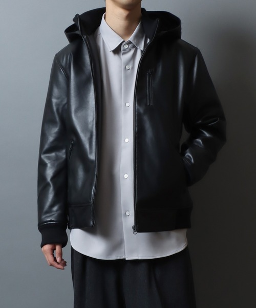 ANPAS(アンパス)の「Faux Leather Hooded Jacket with Boa Lining/フェイクレザー 2WAY フーデッド裏ボアジャケット/パーカー/フード脱着可/アウター メンズ レディース(ブルゾン・メンズ・ブラック/ブラック系その他/ブラウン系その他・LL/M/L)」の6枚目の写真