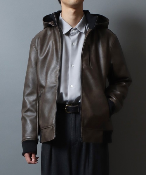 ANPAS(アンパス)の「Faux Leather Hooded Jacket with Boa Lining/フェイクレザー 2WAY フーデッド裏ボアジャケット/パーカー/フード脱着可/アウター メンズ レディース(ブルゾン・メンズ・ブラック/ブラック系その他/ブラウン系その他・LL/M/L)」の8枚目の写真