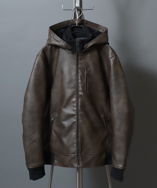 ANPAS(アンパス)の「Faux Leather Hooded Jacket with Boa Lining/フェイクレザー 2WAY フーデッド裏ボアジャケット/パーカー/フード脱着可/アウター メンズ レディース(ブルゾン・メンズ・ブラック/ブラック系その他/ブラウン系その他・LL/M/L)」の10枚目の写真