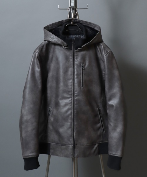 ANPAS(アンパス)の「Faux Leather Hooded Jacket with Boa Lining/フェイクレザー 2WAY フーデッド裏ボアジャケット/パーカー/フード脱着可/アウター メンズ レディース(ブルゾン・メンズ・ブラック/ブラック系その他/ブラウン系その他・LL/M/L)」の11枚目の写真