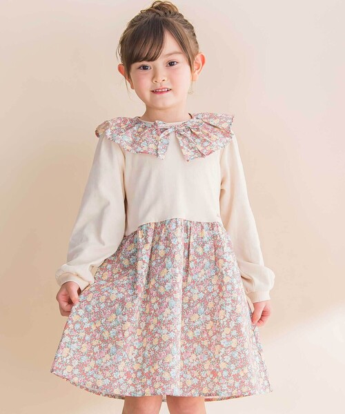 Noeil aime BeBe（ノイユエイムベベ）の「【お揃い】花柄付け襟＋花柄切り替えスムース長袖ワンピース（ワンピース・キッズ・ブルー系その他/ピンク系その他・120cm/110cm/100cm）」の2枚目の写真