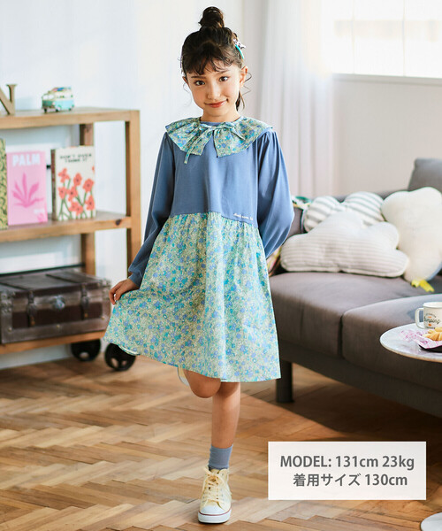 Noeil aime BeBe（ノイユエイムベベ）の「【お揃い】花柄付け襟＋花柄切り替えスムース長袖ワンピース（ワンピース・キッズ・ブルー系その他/ピンク系その他・120cm/110cm/100cm）」の16枚目の写真