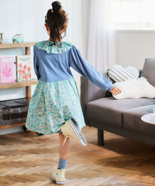 Noeil aime BeBe（ノイユエイムベベ）の「【お揃い】花柄付け襟＋花柄切り替えスムース長袖ワンピース（ワンピース・キッズ・ブルー系その他/ピンク系その他・120cm/110cm/100cm）」の17枚目の写真