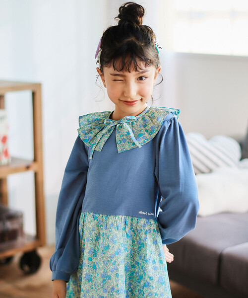 Noeil aime BeBe（ノイユエイムベベ）の「【お揃い】花柄付け襟＋花柄切り替えスムース長袖ワンピース（ワンピース・キッズ・ブルー系その他/ピンク系その他・120cm/110cm/100cm）」の18枚目の写真