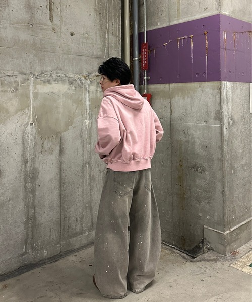 ADAMASTE double zip short hoodie ピンク Double Zip-Up Short Hoodie - ダブルジップショートフーディー【短丈