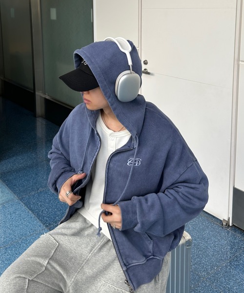 水色 パーカー ジップ フーディー 短丈 ドローコード カスタム ストリート Double Zip-Up Short Hoodie - ダブルジップショートフーディー【短丈