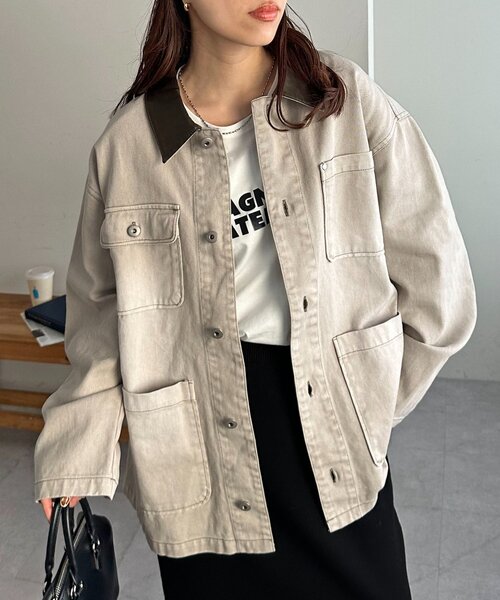 DISCOAT(ディスコート)の「【ユニセックス】Fレザーコントラストカラーカバーオール(カバーオール・レディース・チャコールグレー/ライトベージュ・FREE)」の1枚目の写真