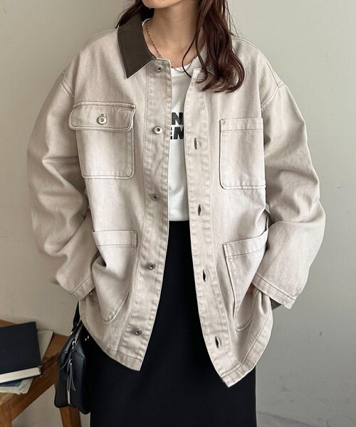 DISCOAT(ディスコート)の「【ユニセックス】Fレザーコントラストカラーカバーオール(カバーオール・レディース・チャコールグレー/ライトベージュ・FREE)」の21枚目の写真