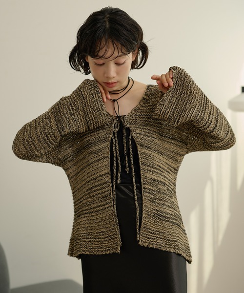 LAULEN(ローレン)の「front ribbon mix knit cardigan /フロントリボンミックスニットカーディガン(カーディガン/ボレロ・レディース・ベージュ/ブラック・FREE)」の1枚目の写真