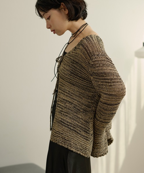 LAULEN(ローレン)の「front ribbon mix knit cardigan /フロントリボンミックスニットカーディガン(カーディガン/ボレロ・レディース・ベージュ/ブラック・FREE)」の5枚目の写真