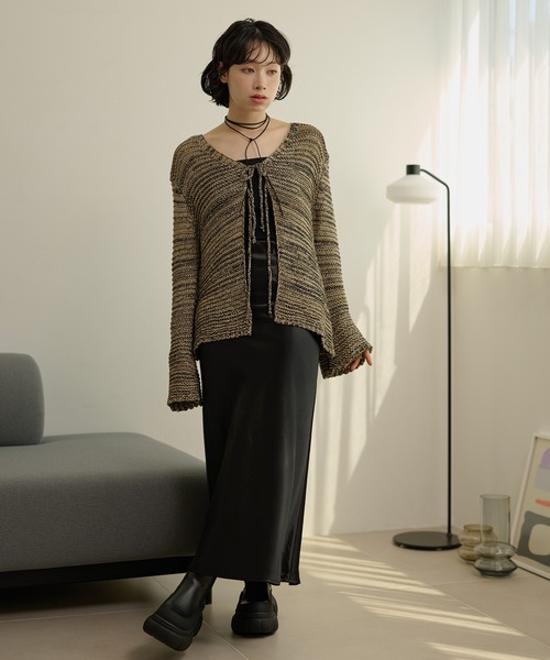 LAULEN(ローレン)の「front ribbon mix knit cardigan /フロントリボンミックスニットカーディガン(カーディガン/ボレロ・レディース・ベージュ/ブラック・FREE)」の10枚目の写真