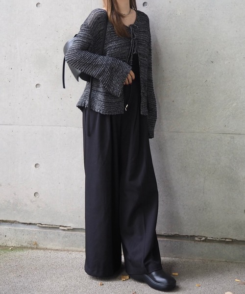 LAULEN(ローレン)の「front ribbon mix knit cardigan /フロントリボンミックスニットカーディガン(カーディガン/ボレロ・レディース・ベージュ/ブラック・FREE)」の3枚目の写真
