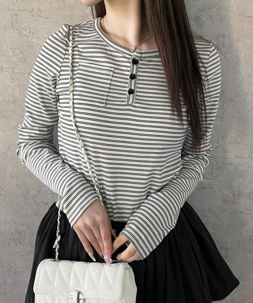 Teem Store（チームストア）の「【新色追加】【四色展開】 ボーダーヘンリーネックロンT（Tシャツ/カットソー・レディース・ブラック/ホワイト/アイボリー/グレー・M/L/S）」の2枚目の写真