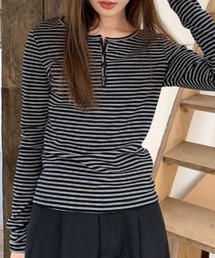 【新色追加】【四色展開】 ボーダーヘンリーネックロンT