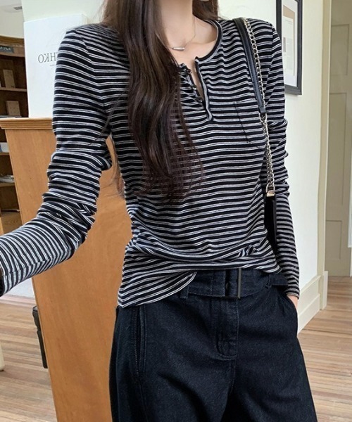 Teem Store（チームストア）の「【新色追加】【四色展開】 ボーダーヘンリーネックロンT（Tシャツ/カットソー・レディース・ブラック/ホワイト/アイボリー/グレー・M/L/S）」の18枚目の写真