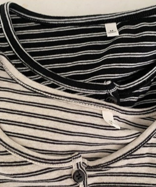 Teem Store（チームストア）の「【新色追加】【四色展開】 ボーダーヘンリーネックロンT（Tシャツ/カットソー・レディース・ブラック/ホワイト/アイボリー/グレー・M/L/S）」の5枚目の写真