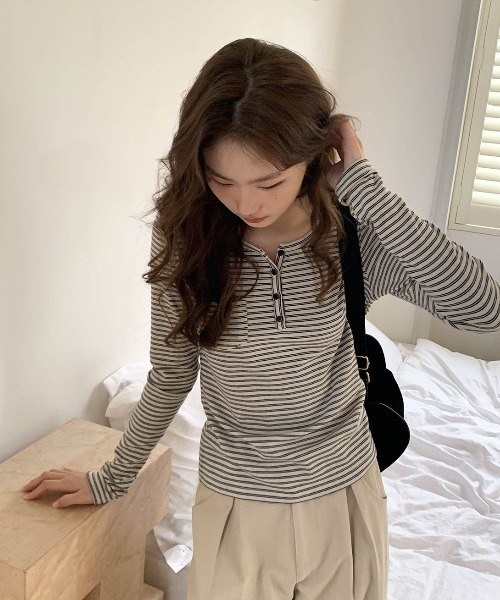 Teem Store（チームストア）の「【新色追加】【四色展開】 ボーダーヘンリーネックロンT（Tシャツ/カットソー・レディース・ブラック/ホワイト/アイボリー/グレー・M/L/S）」の22枚目の写真